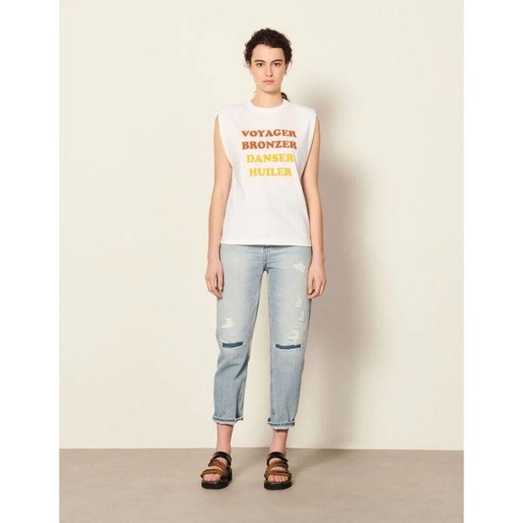 SANDRO Trivoli White Jersey Flocked Cotton Shoulder Pad Muscle Tank, Size 2/M - Picture 2 of 16